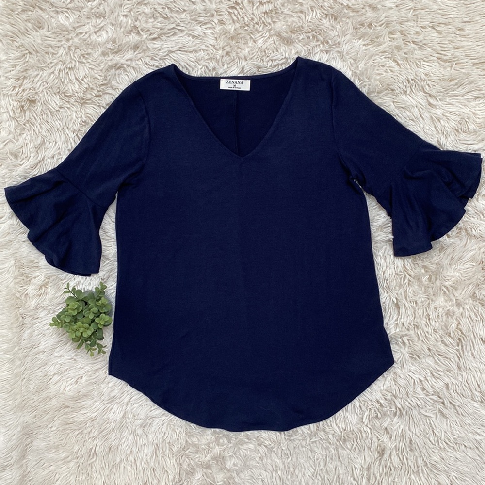 Zenana V-Neck Flutter Sleeve Top 💗 Navy - Picture 3 of 11